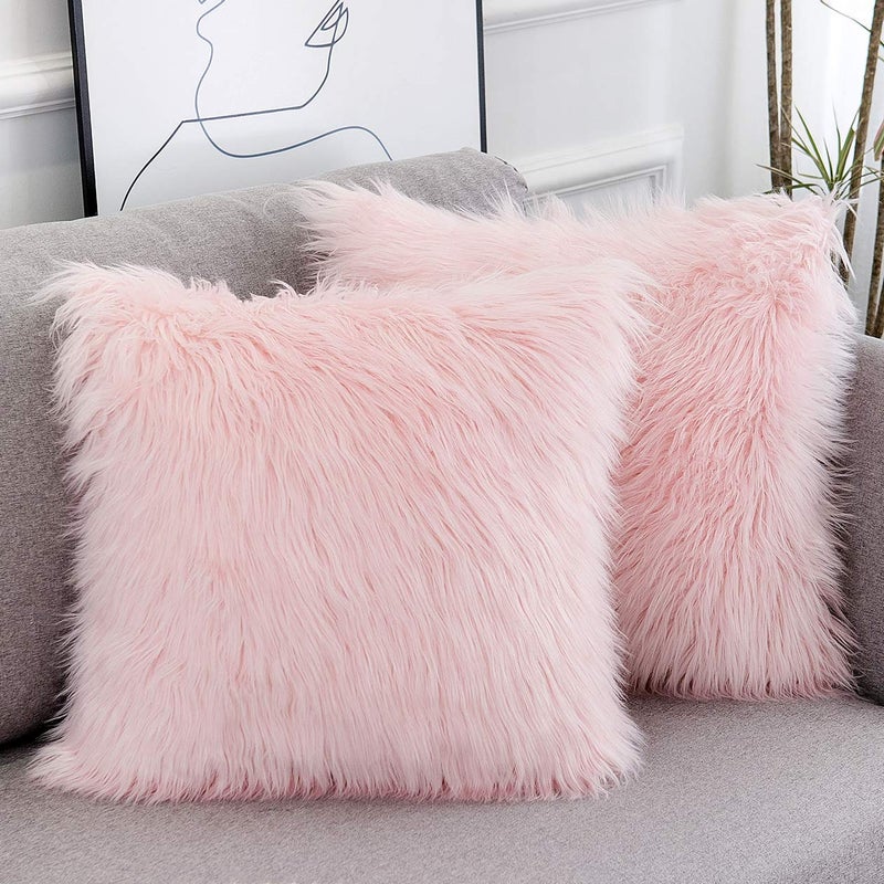 WLNUI Set of 2 Valentines Day Pink Fluffy Pillow Covers New Luxury Series Merino Style Blush Faux Fur Decorative Throw Pillow Covers Square Fuzzy Cushion Case 16x16 Inch - Image 1